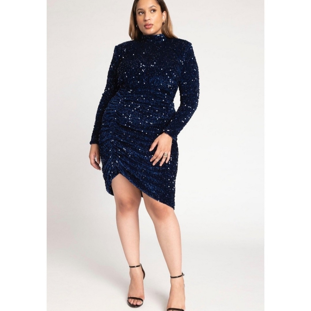 ELOQUII Ruched Satin Sequin Dress Plus Size Navy Blue New With Tags Party Dress